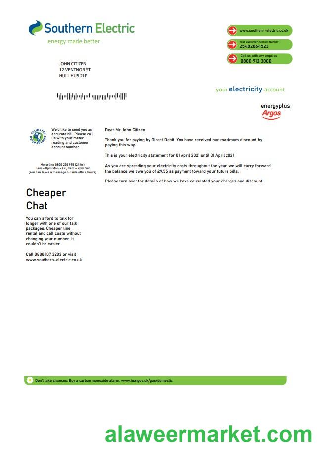United Kingdom Southern Electric proof of address utility bill template in Word and PDF format